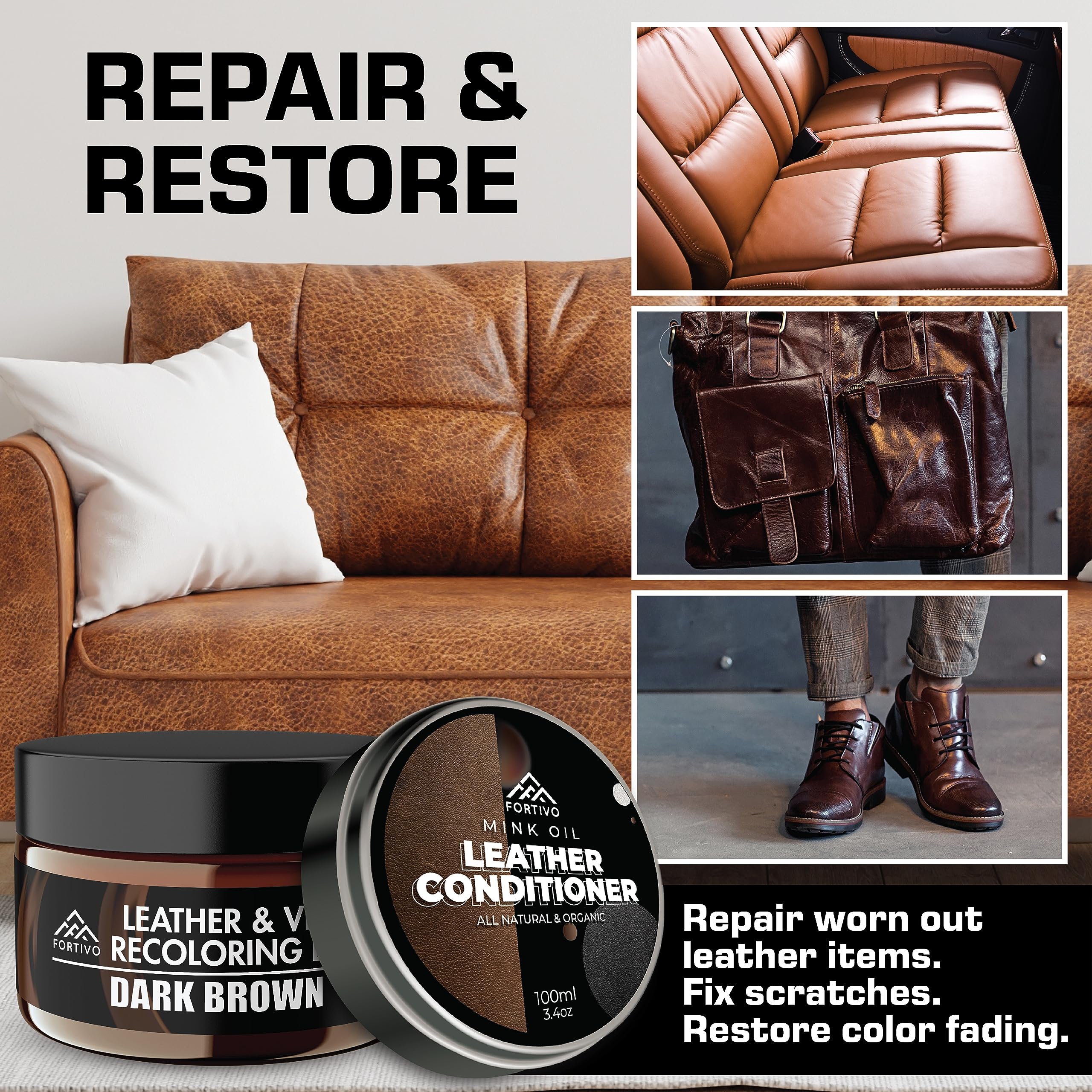 Amazon.com: FORTIVO Leather Recoloring Balm with Mink Oil, Couch